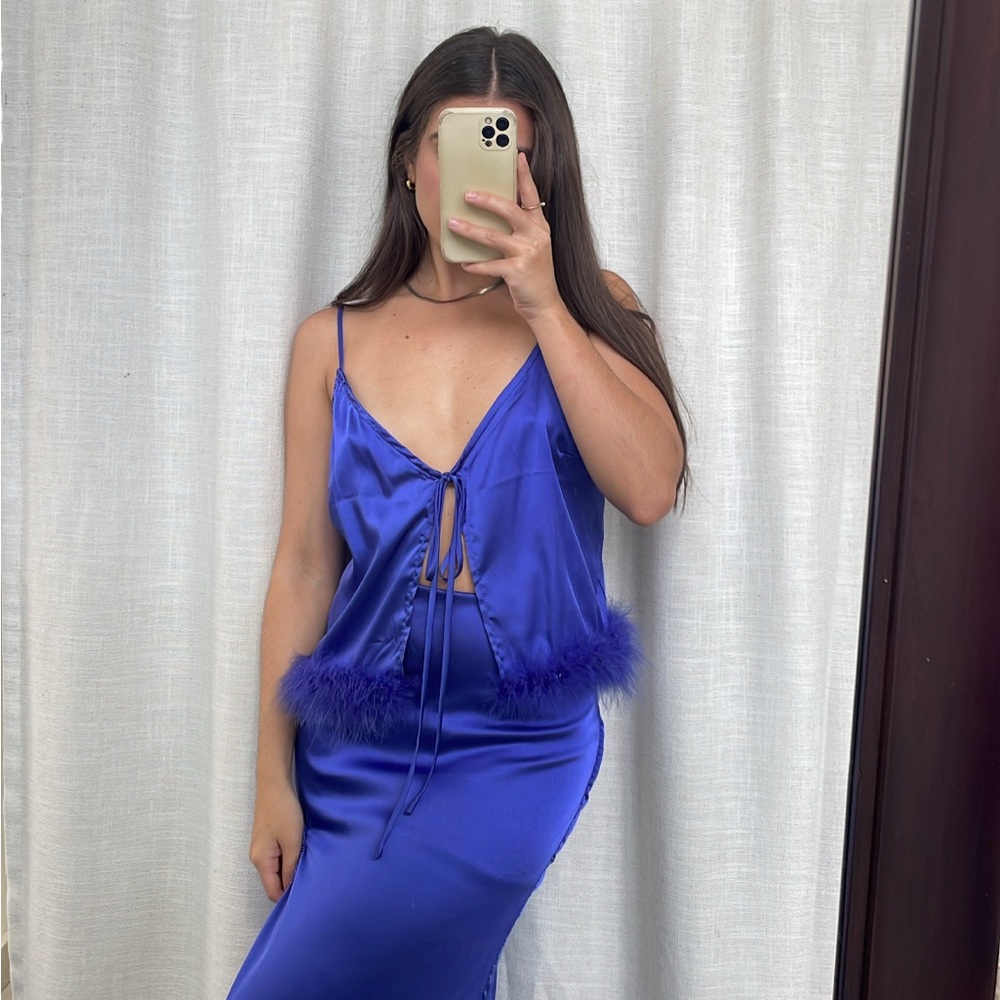 Skirt Set: Blue Satin Faux Fur Trim Cami & Maxi Skirt Set (M) NEVER WORN